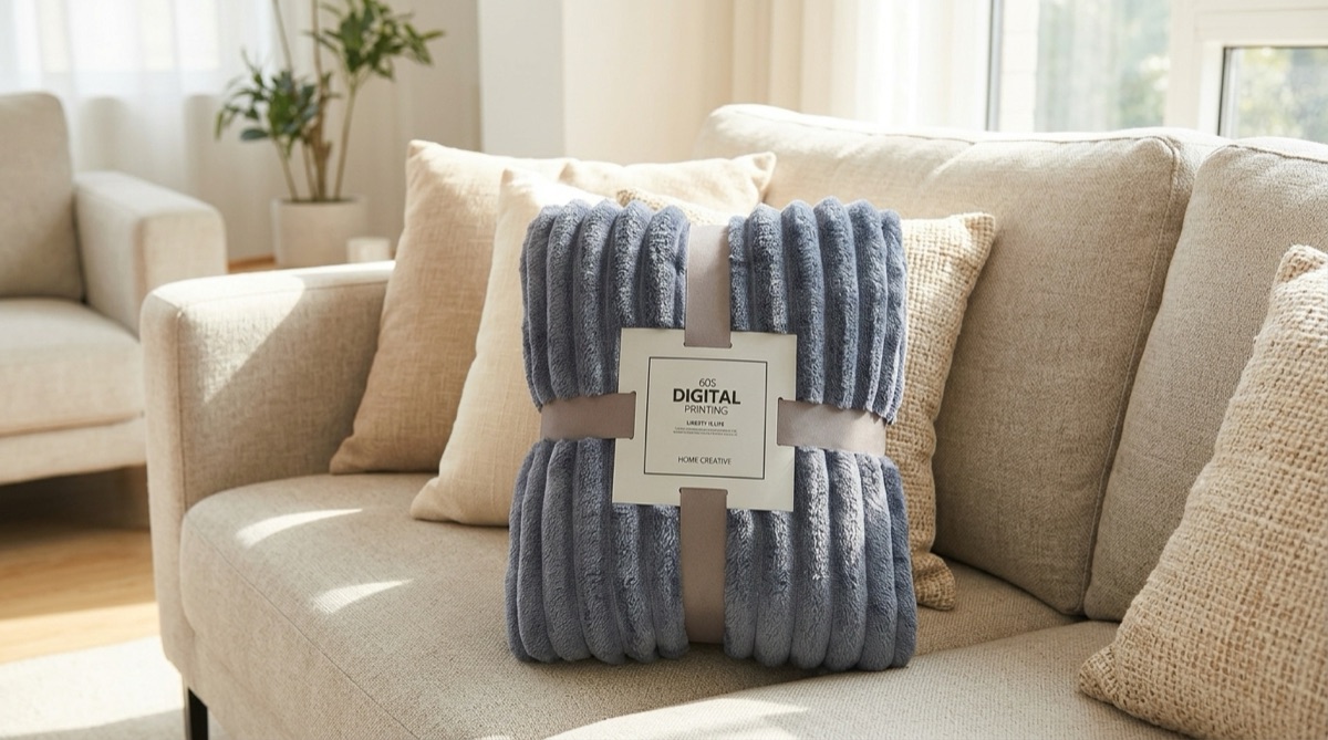 Folded blue-grey ribbed fleece blanket on a beige sofa in a sunny living room