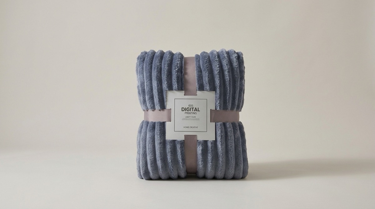 Folded ribbed fleece blanket on a light studio backdrop
